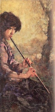 シュ・ベイホン・ジュ・ペオン Painting - 徐悲紅 油の中のフルートの音